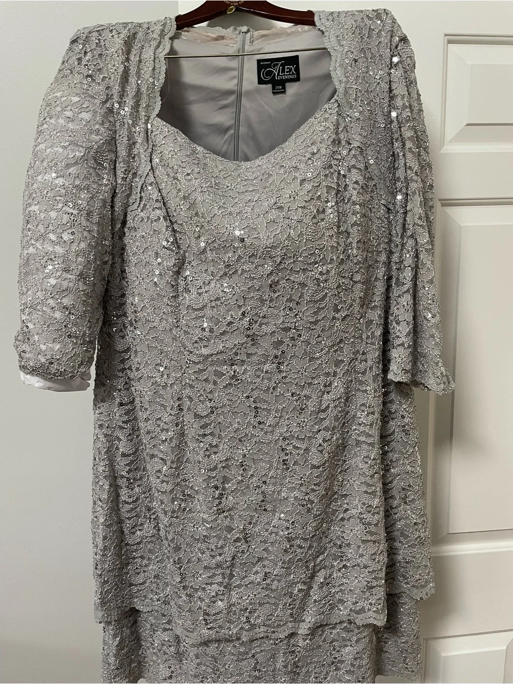 Alex Evenings Silver Lace Sequin Cocktail Dress